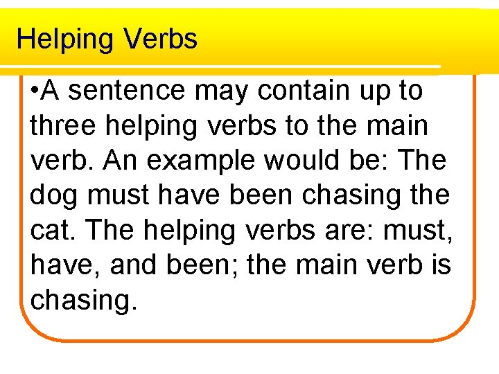 Helping Verbs • A sentence may contain up to three helping verbs to the