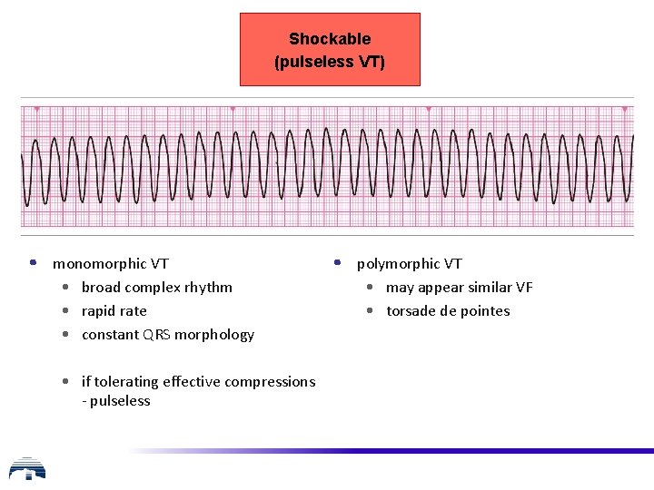 Shockable (pulseless VT) • monomorphic VT • broad complex rhythm • rapid rate •