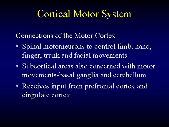 Cortical Motor System Connections of the Motor Cortex • Spinal motorneurons to control limb,