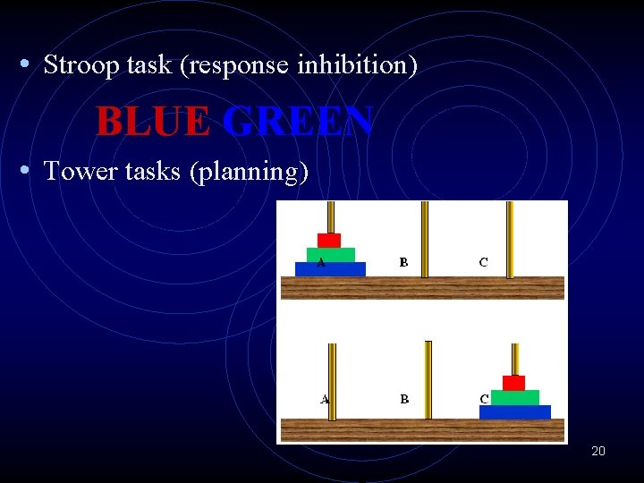 • Stroop task (response inhibition) BLUE GREEN • Tower tasks (planning) 20 