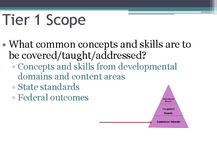 Tier 1 Scope • What common concepts and skills are to be covered/taught/addressed? ▫