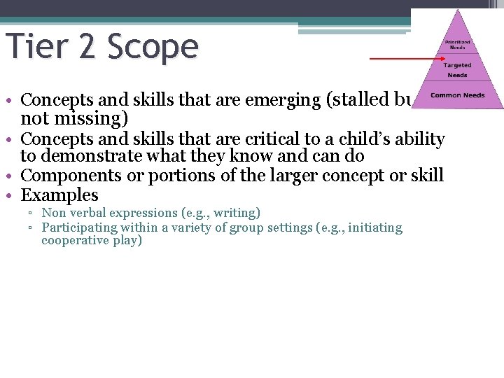 Tier 2 Scope • Concepts and skills that are emerging (stalled but not missing)