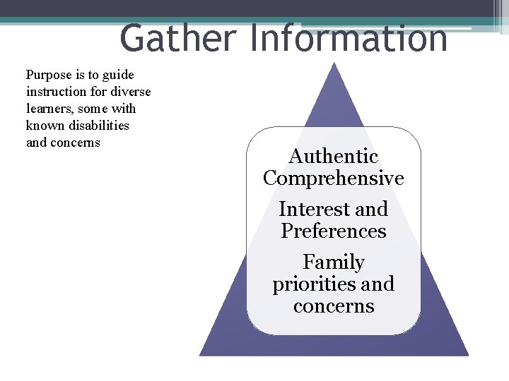 Gather Information Purpose is to guide instruction for diverse learners, some with known disabilities