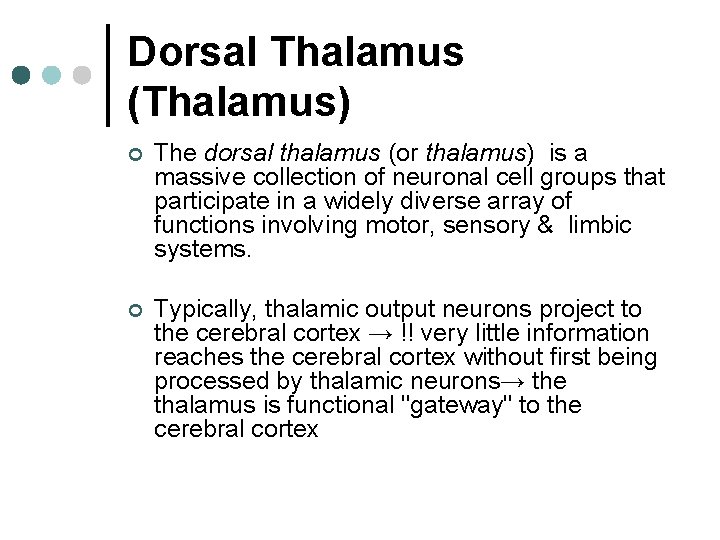 Dorsal Thalamus (Thalamus) ¢ The dorsal thalamus (or thalamus) is a massive collection of