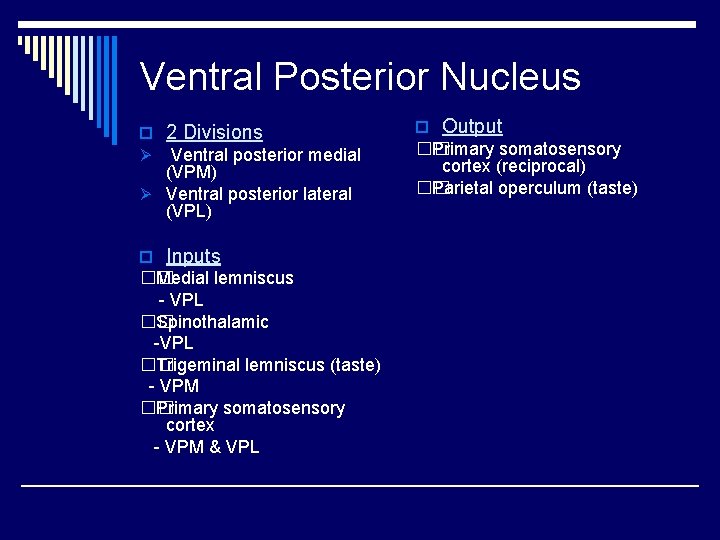 Ventral Posterior Nucleus o 2 Divisions Ø Ventral posterior medial (VPM) Ø Ventral posterior