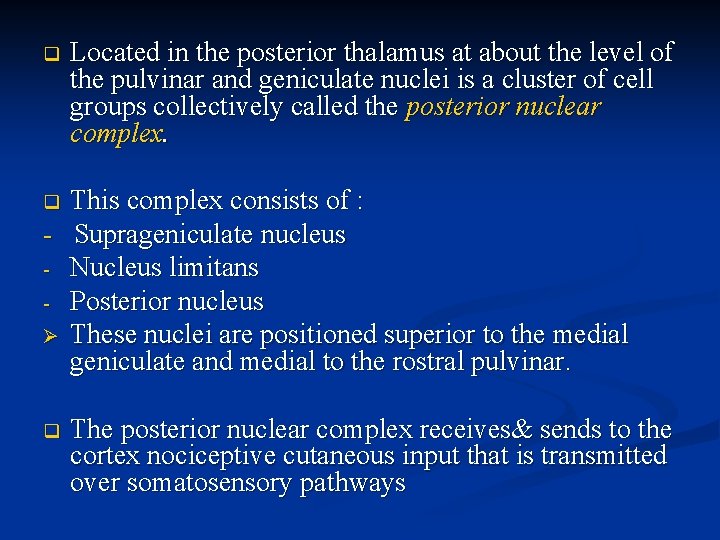 q Located in the posterior thalamus at about the level of the pulvinar and