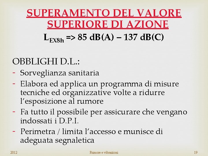 SUPERAMENTO DEL VALORE SUPERIORE DI AZIONE LEX 8 h => 85 d. B(A) –