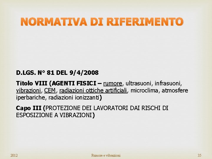 NORMATIVA DI RIFERIMENTO D. LGS. N° 81 DEL 9/4/2008 Titolo VIII (AGENTI FISICI –