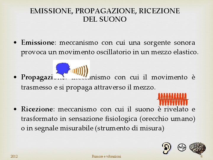 EMISSIONE, PROPAGAZIONE, RICEZIONE DEL SUONO • Emissione: meccanismo con cui una sorgente sonora provoca