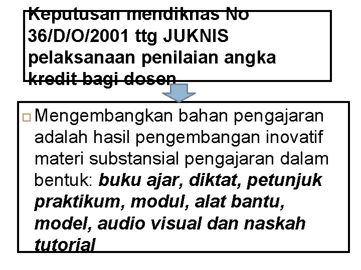 Keputusan mendiknas No 36/D/O/2001 ttg JUKNIS pelaksanaan penilaian angka kredit bagi dosen Mengembangkan bahan
