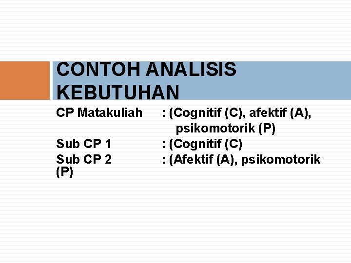 CONTOH ANALISIS KEBUTUHAN CP Matakuliah Sub CP 1 Sub CP 2 (P) : (Cognitif