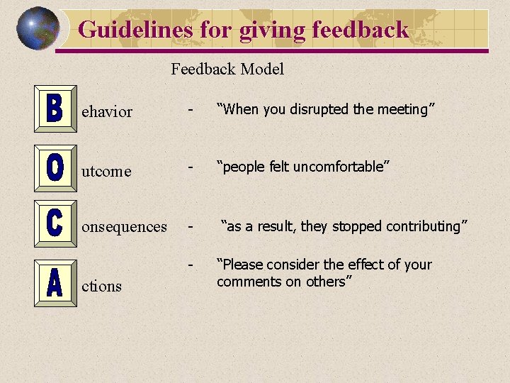 Guidelines for giving feedback Feedback Model ehavior - “When you disrupted the meeting” utcome