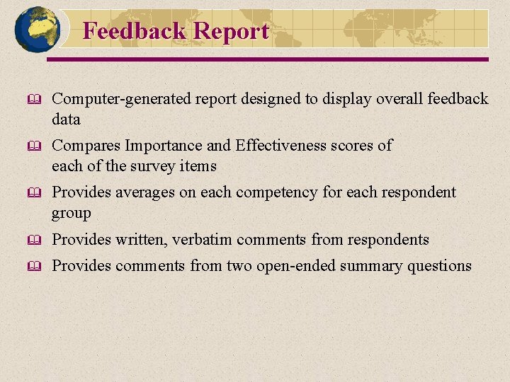 Feedback Report & Computer-generated report designed to display overall feedback data & Compares Importance