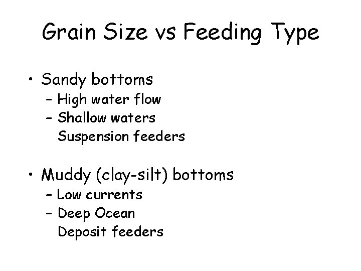 Grain Size vs Feeding Type • Sandy bottoms – High water flow – Shallow