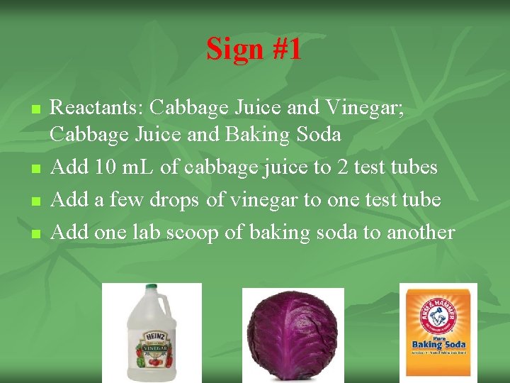 Sign #1 n n Reactants: Cabbage Juice and Vinegar; Cabbage Juice and Baking Soda