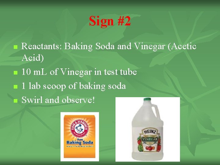 Sign #2 n n Reactants: Baking Soda and Vinegar (Acetic Acid) 10 m. L