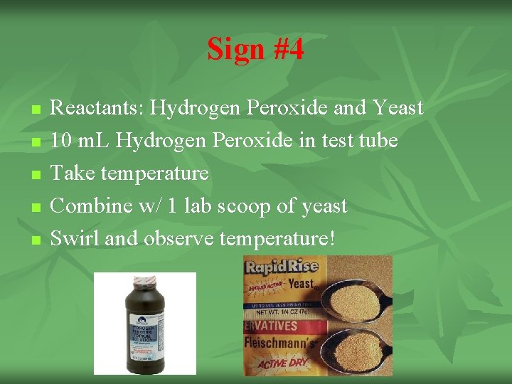 Sign #4 n n n Reactants: Hydrogen Peroxide and Yeast 10 m. L Hydrogen