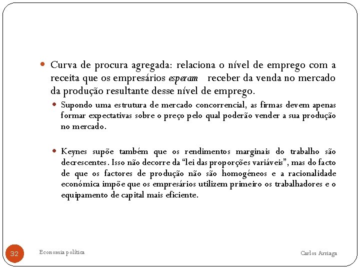  Curva de procura agregada: relaciona o nível de emprego com a receita que