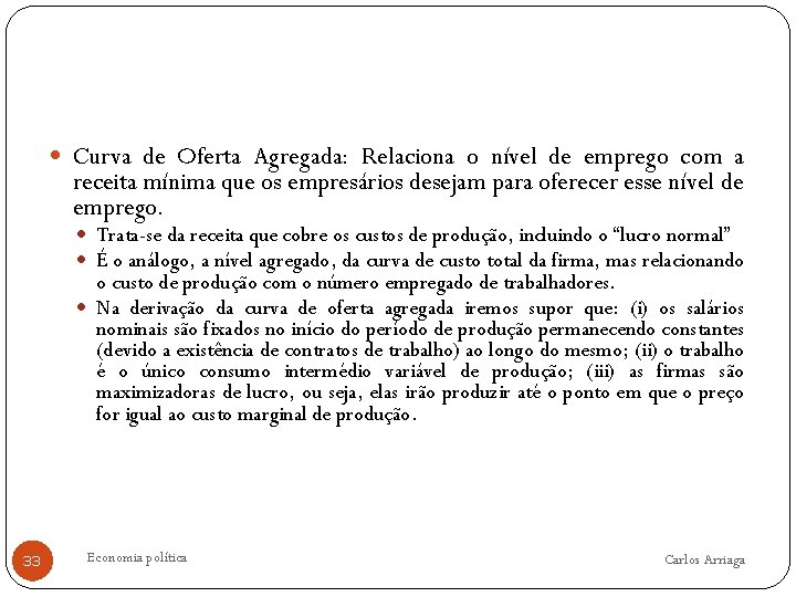  Curva de Oferta Agregada: Relaciona o nível de emprego com a receita mínima