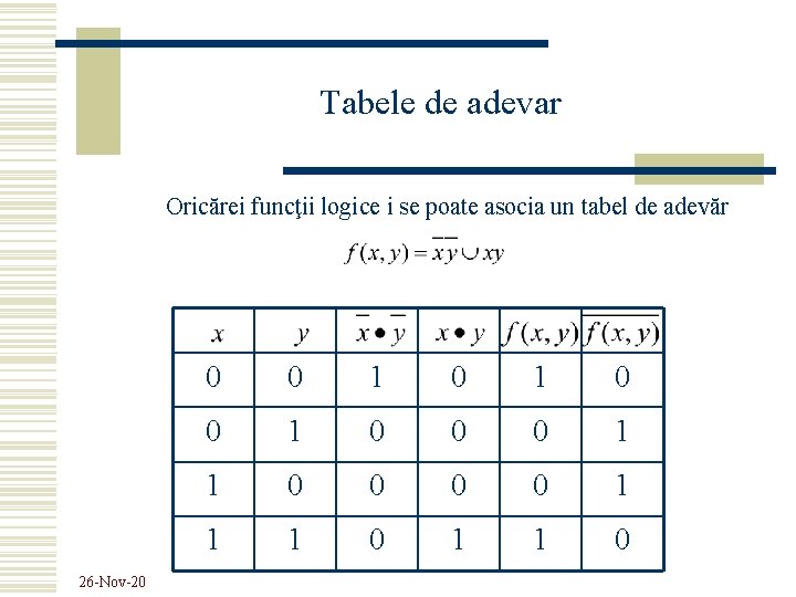 Tabele de adevar Oricărei funcţii logice i se poate asocia un tabel de adevăr