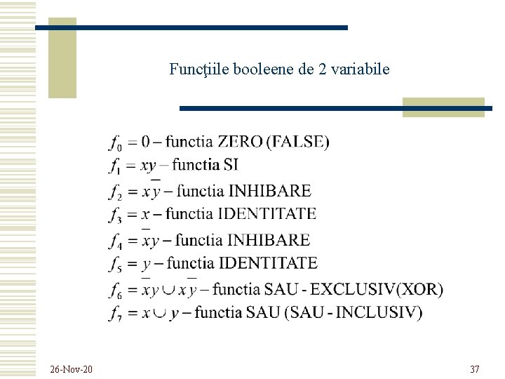 Funcţiile booleene de 2 variabile 26 -Nov-20 37 