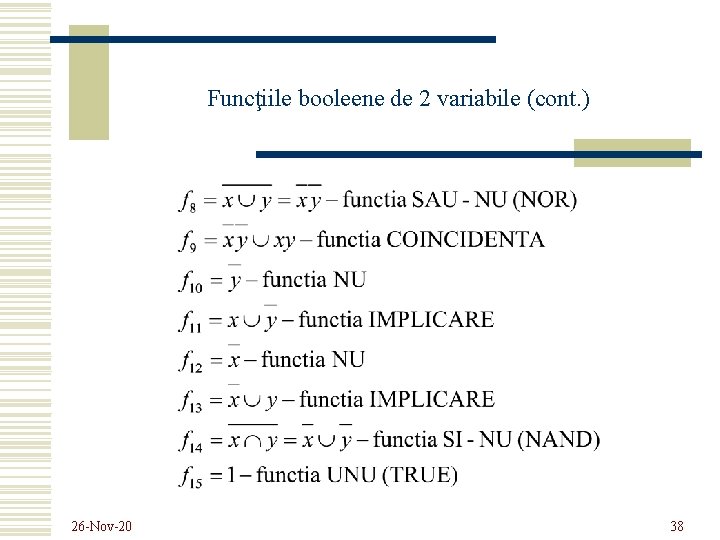 Funcţiile booleene de 2 variabile (cont. ) 26 -Nov-20 38 