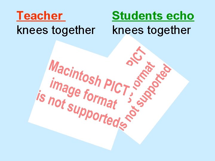 Teacher knees together Students echo knees together 