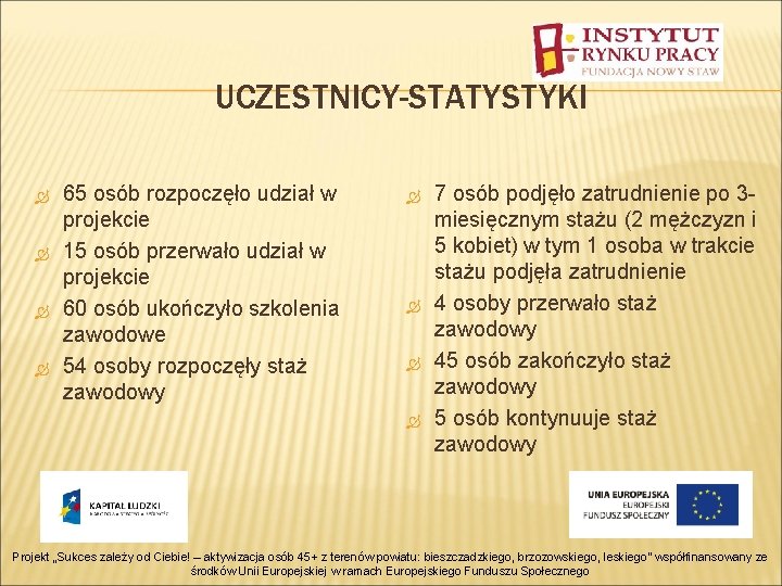 UCZESTNICY-STATYSTYKI 65 osób rozpoczęło udział w projekcie 15 osób przerwało udział w projekcie 60