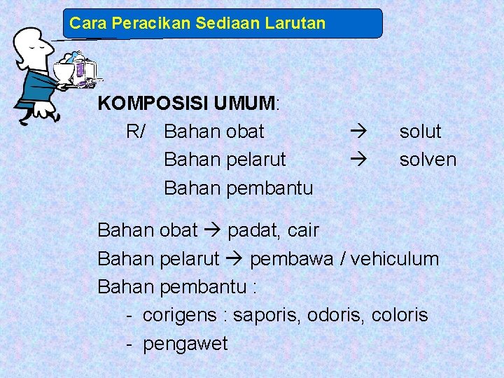 Cara Peracikan Sediaan Larutan KOMPOSISI UMUM: R/ Bahan obat Bahan pelarut Bahan pembantu solut