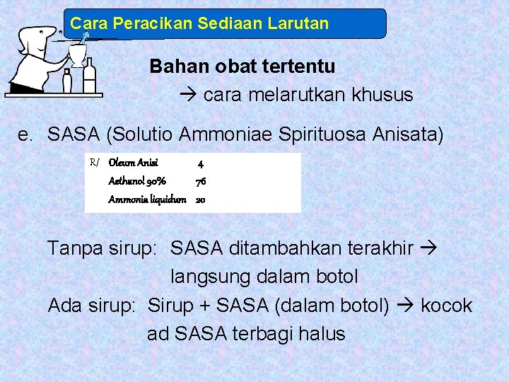 Cara Peracikan Sediaan Larutan Bahan obat tertentu cara melarutkan khusus e. SASA (Solutio Ammoniae