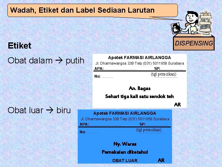 Wadah, Etiket dan Label Sediaan Larutan DISPENSING Etiket Obat dalam putih Apotek FARMASI AIRLANGGA