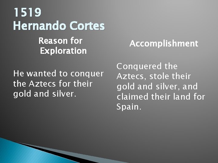 1519 Hernando Cortes Reason for Exploration He wanted to conquer the Aztecs for their