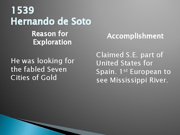 1539 Hernando de Soto Reason for Exploration He was looking for the fabled Seven
