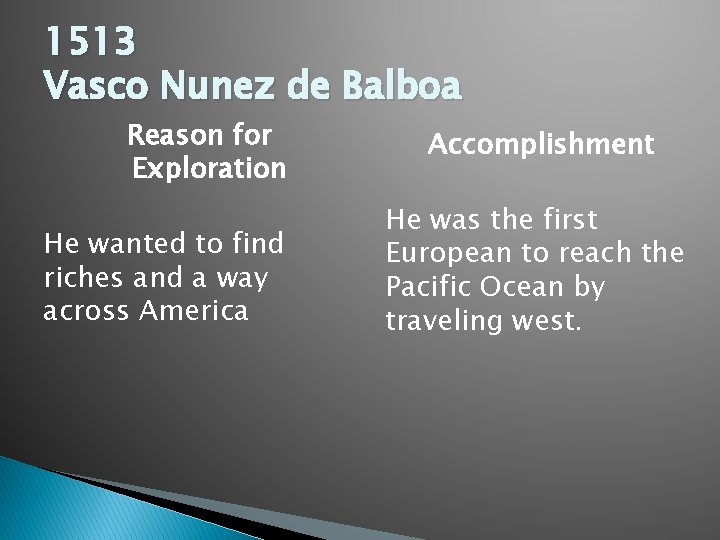 1513 Vasco Nunez de Balboa Reason for Exploration He wanted to find riches and