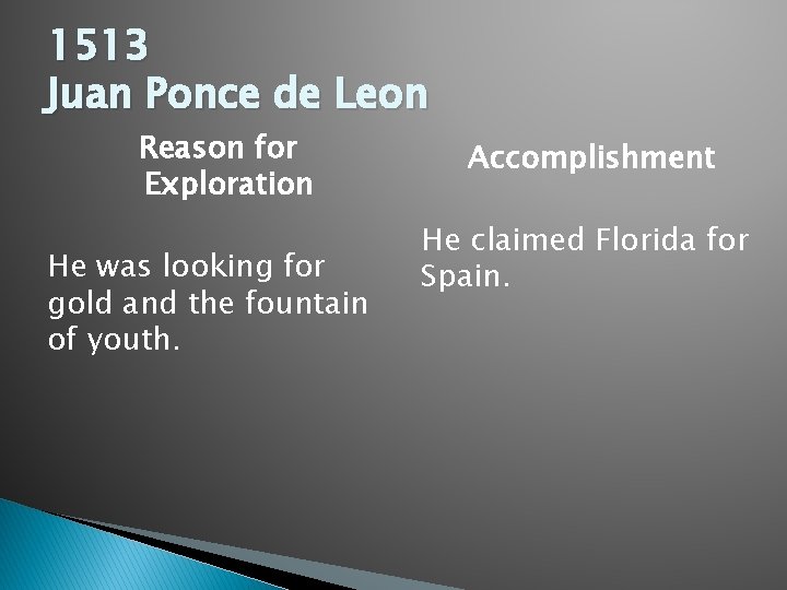 1513 Juan Ponce de Leon Reason for Exploration He was looking for gold and