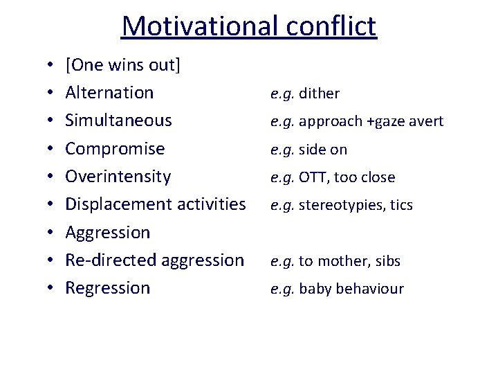 Motivational conflict • • • [One wins out] Alternation Simultaneous Compromise Overintensity Displacement activities