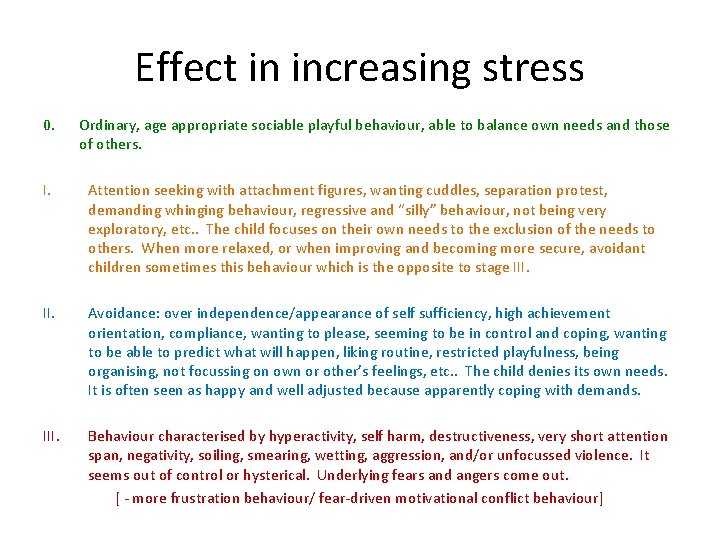 Effect in increasing stress 0. Ordinary, age appropriate sociable playful behaviour, able to balance