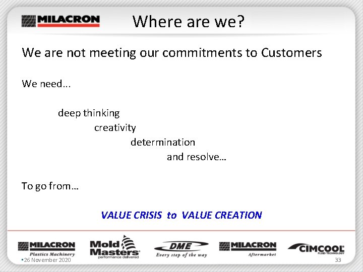 Where are we? We are not meeting our commitments to Customers We need. .