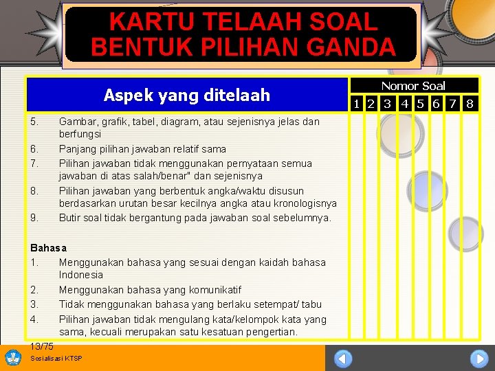 KARTU TELAAH SOAL BENTUK PILIHAN GANDA Aspek yang ditelaah 5. 6. 7. 8. 9.