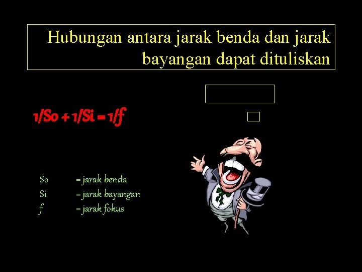Hubungan antara jarak benda dan jarak bayangan dapat dituliskan 1/So + 1/Si = 1/f