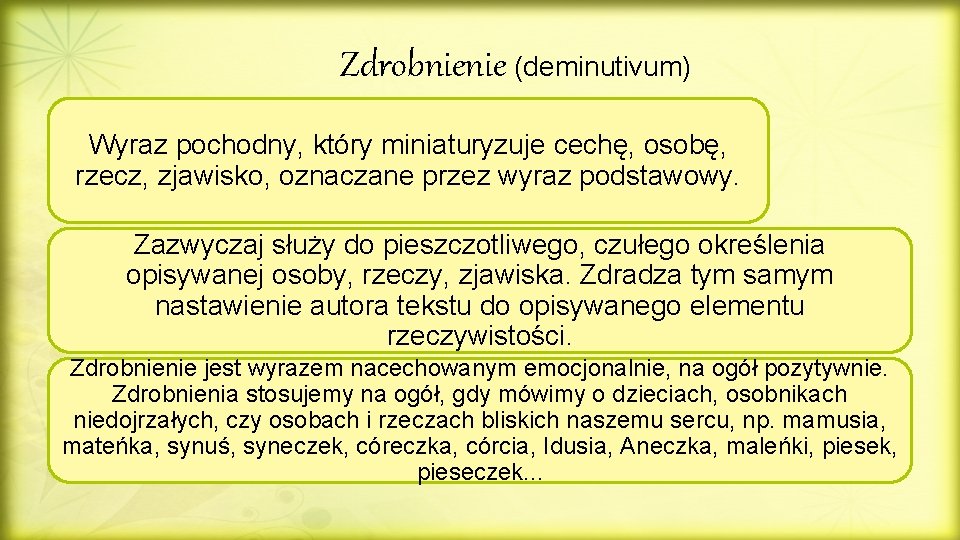 Zdrobnienie (deminutivum) Wyraz pochodny, który miniaturyzuje cechę, osobę, rzecz, zjawisko, oznaczane przez wyraz podstawowy.