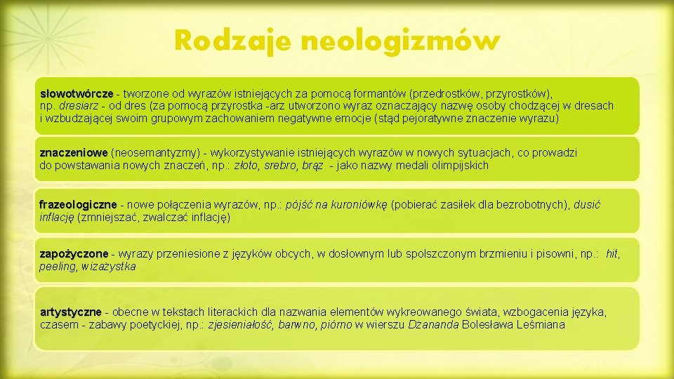 Rodzaje neologizmów słowotwórcze - tworzone od wyrazów istniejących za pomocą formantów (przedrostków, przyrostków), np.