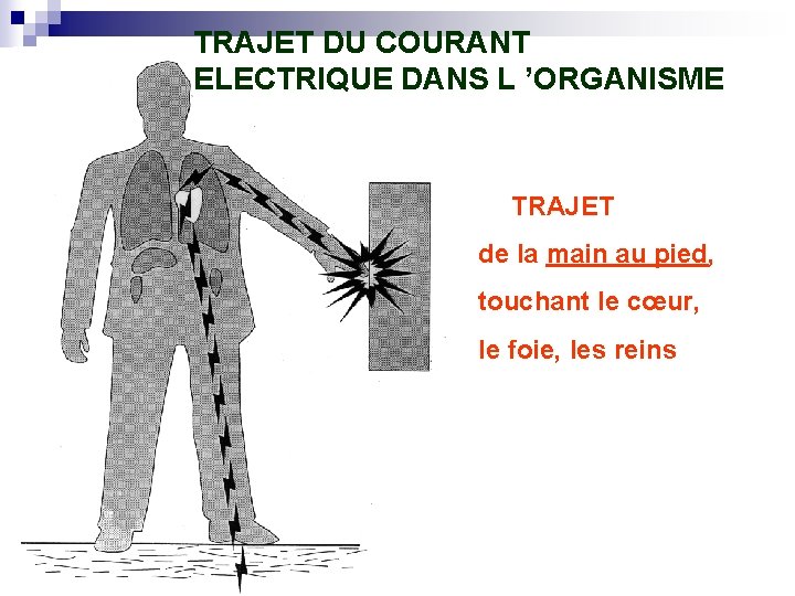 TRAJET DU COURANT ELECTRIQUE DANS L ’ORGANISME TRAJET de la main au pied, touchant