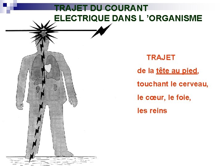 TRAJET DU COURANT ELECTRIQUE DANS L ’ORGANISME TRAJET de la tête au pied, touchant