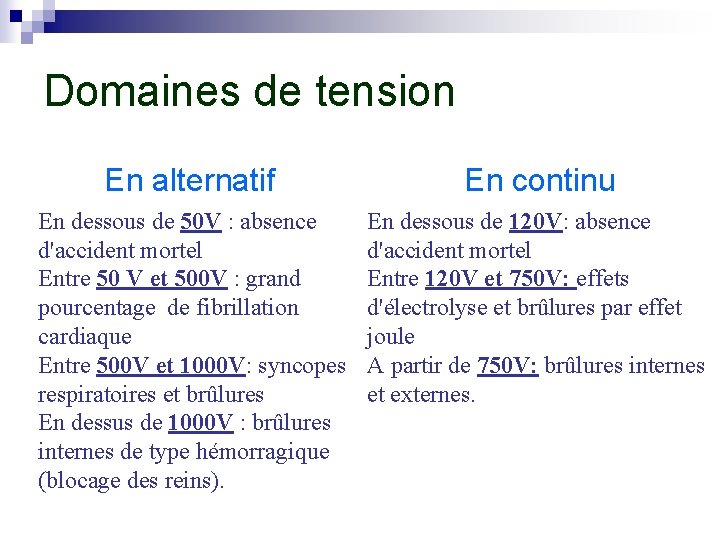 Domaines de tension En alternatif En continu En dessous de 50 V : absence