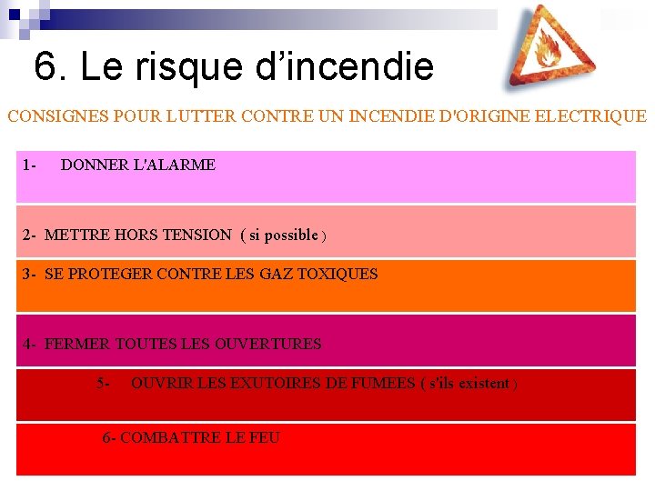 6. Le risque d’incendie CONSIGNES POUR LUTTER CONTRE UN INCENDIE D'ORIGINE ELECTRIQUE 1 -