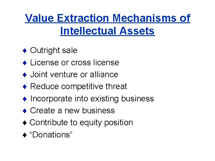 Value Extraction Mechanisms of Intellectual Assets Outright sale License or cross license Joint venture