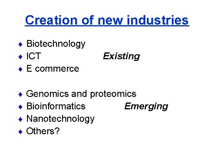 Creation of new industries Biotechnology ICT Existing E commerce Genomics and proteomics Bioinformatics Nanotechnology