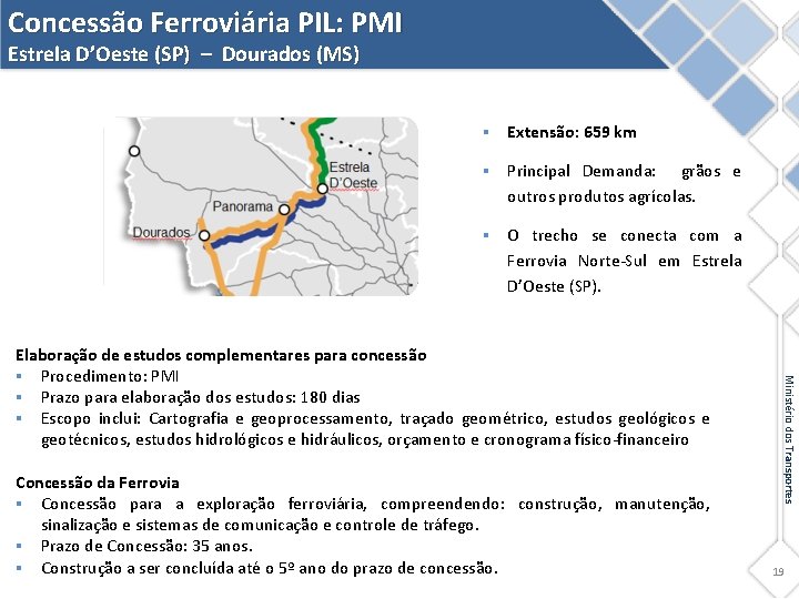 Concessão Ferroviária PIL: PMI Estrela D’Oeste (SP) – Dourados (MS) § Extensão: 659 km
