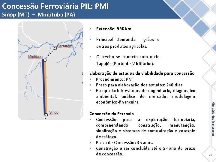 Concessão Ferroviária PIL: PMI Sinop (MT) – Miritituba (PA) § Extensão: 990 km §